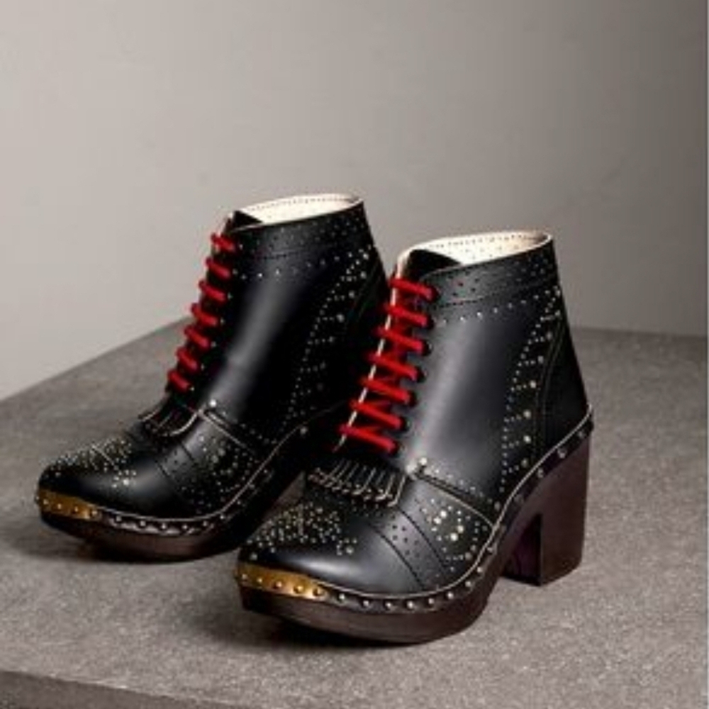 NEW Burberry Italy Riveted Studded Leather Heeled Clog Ankle Boots $1295 Size 40